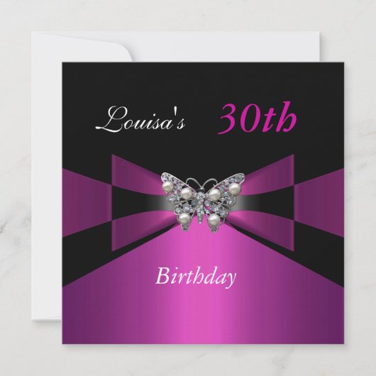 30th Birthday Black Plum Paars Butterfly Invite Kaart (Voorkant)