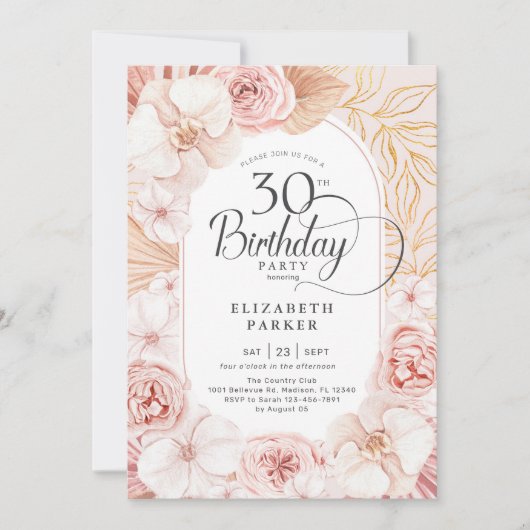30th Birthday Blush Floral Kaart (Voorkant)