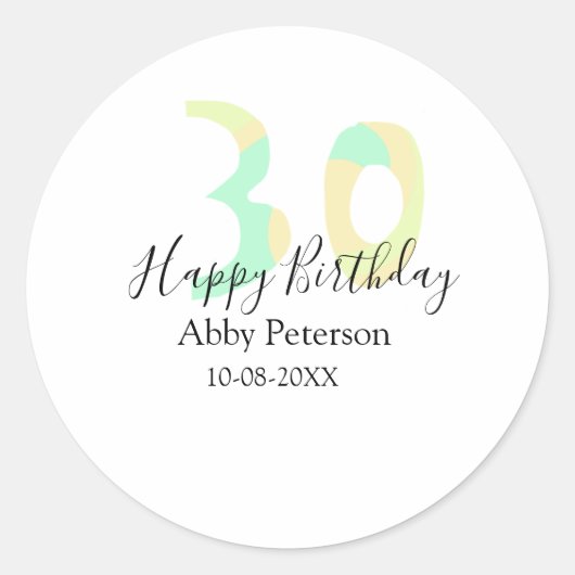 30th birthday bold letter pastel yellow black retr ronde sticker (Voorkant)