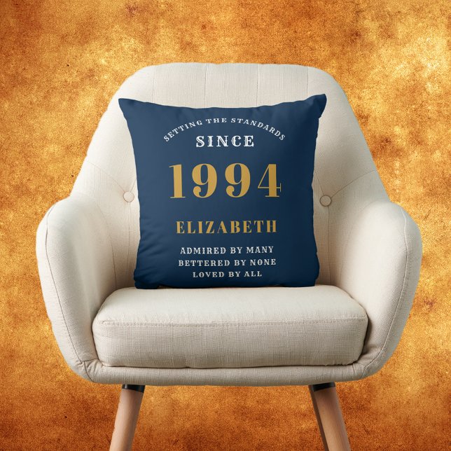 30th Birthday Born 1994 Loved Jouw naam Blauw toev Kussen (30th birthday cushion for those born in 1994. Personalized in blue and gold.)