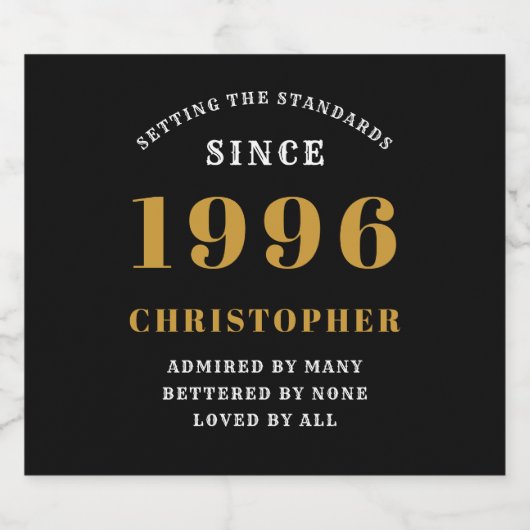 30th Birthday Born 1996 Add Name Black Gold Sparkling Wijnetiket (Enkel label)