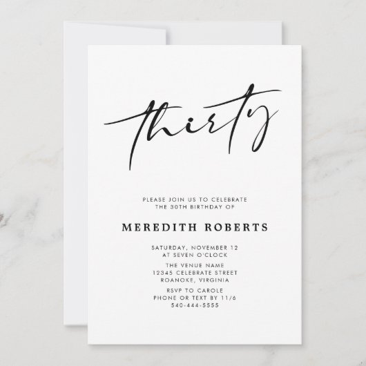 30th Birthday Chic Modern Script Minimalist Party Kaart (Voorkant)