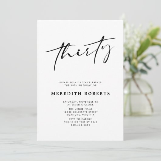 30th Birthday Chic Modern Script Minimalist Party Kaart (Staand voorkant)