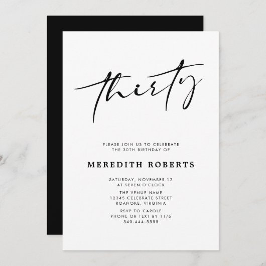 30th Birthday Chic Modern Script Minimalist Party Kaart (Voorkant / Achterkant)