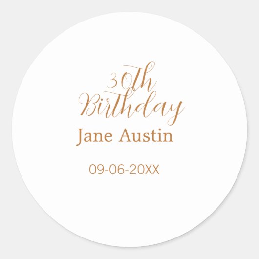 30th birthday copper brown simple stylish name dat ronde sticker (Voorkant)