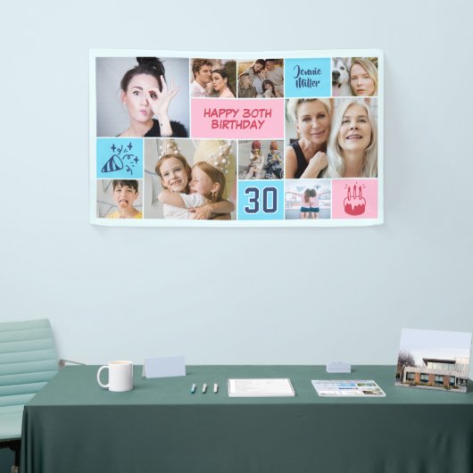 30th Birthday Custom Photo Collage Pink Blue Spandoek (Beurs)