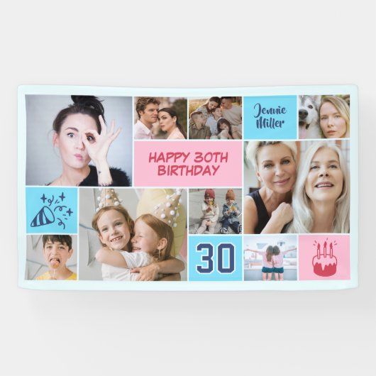 30th Birthday Custom Photo Collage Pink Blue Spandoek (Horizontaal)
