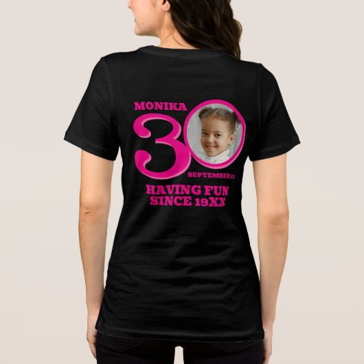 30th Birthday dubbelzijdige foto naam roze tekst Tri-Blend Shirt (Achterkant)