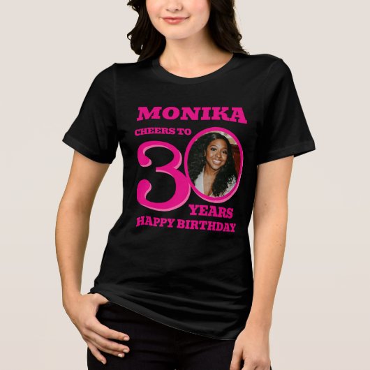 30th Birthday dubbelzijdige foto naam roze tekst Tri-Blend Shirt (Voorkant)