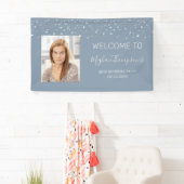 30th Birthday Dusty Blue Silver Confetti Welkom Spandoek (Insitu)