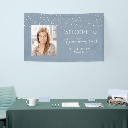 30th Birthday Dusty Blue Silver Confetti Welkom Spandoek (Beurs)