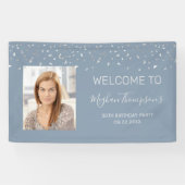 30th Birthday Dusty Blue Silver Confetti Welkom Spandoek (Horizontaal)