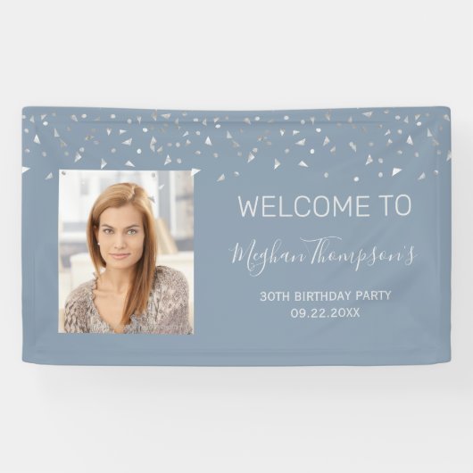30th Birthday Dusty Blue Silver Confetti Welkom Spandoek (Horizontaal)