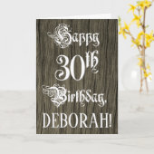 30th Birthday: Fancy, Elegant Text; Faux Wood Look Kaart (Gele Bloem)