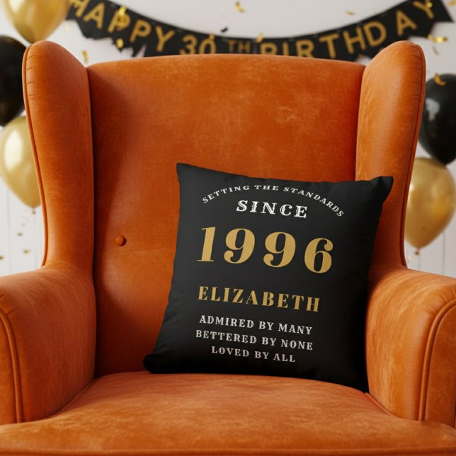 30th Birthday Gift Personalized 1996 Black Gold Kussen (1996 throw pillow in orange chair.)