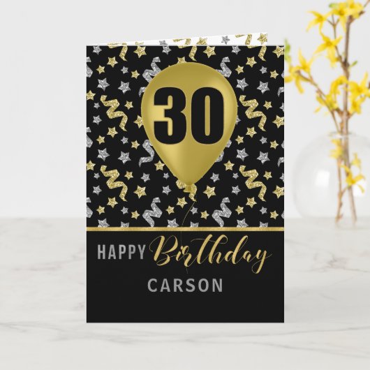 30th Birthday Gold en Silver Confetti Ballon Kaart (Gele Bloem)