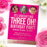 30th Birthday grafische roze gouden folie fotocirk Folie Uitnodiging<br><div class="desc">Vet, eenvoudig grafisch, helder, warm roze, en roos gouden folie of je eigen foliekleurffotosjabloon 30e grote uitnodiging voor drie jaar verjaardag. Pas deze mijlpaalverjaardagsuitnodiging aan met de details van je eigen verjaardagsfeestje, en drie verschillende foto's van je verjaardagsmeisje in de fotocirkels voor je nu en dan foto's. Andere jaren kleuren...</div>