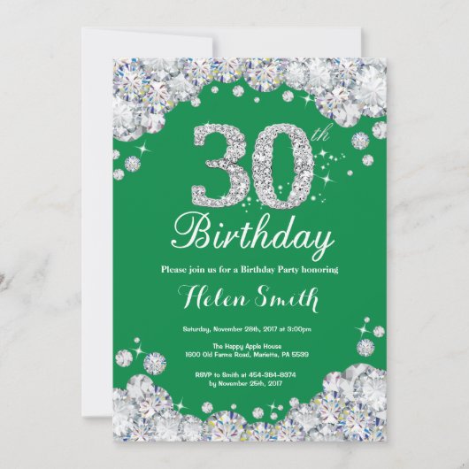 30th Birthday Green en Silver Diamond Kaart (Voorkant)