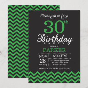 30th Birthday Invitation Black and Green Chevron Kaart