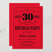 30th Birthday Invitation Black and Red Kaart (Voorkant / Achterkant)