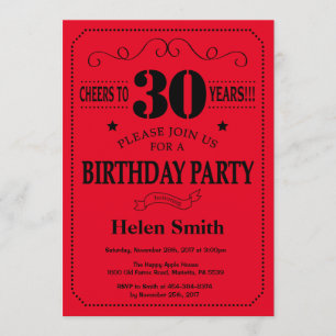 30th Birthday Invitation Black and Red Kaart