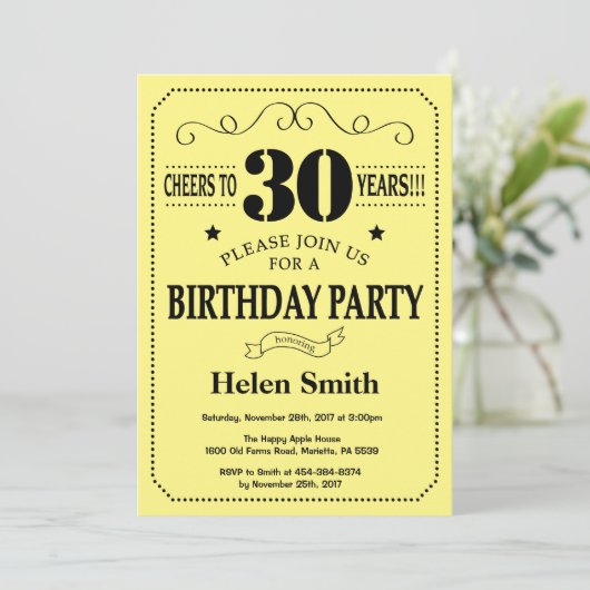 30th Birthday Invitation Black and Yellow Kaart (Staand voorkant)