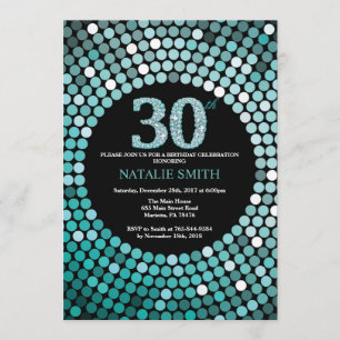 30th Birthday Invitation Black en Blauwgroen Glitt Kaart