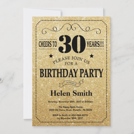 30th Birthday Invitation Black en Gold Glitter Kaart (Voorkant)