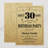 30th Birthday Invitation Black en Gold Glitter Kaart (Voorkant / Achterkant)