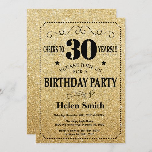30th Birthday Invitation Black en Gold Glitter Kaart (Voorkant / Achterkant)