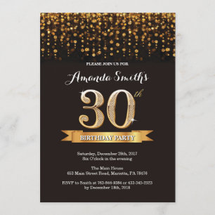 30th Birthday Invitation Black en Gold Glitter Kaart