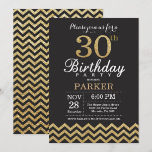 30th Birthday Invitation Black en Gold Glitter Kaart