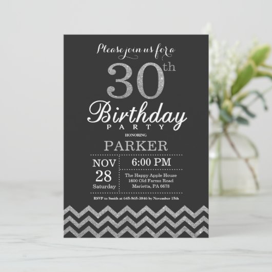 30th Birthday Invitation Black en Silver Glitter Kaart (Staand voorkant)