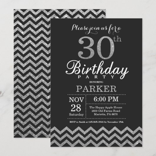 30th Birthday Invitation Black en Silver Glitter Kaart (Voorkant / Achterkant)