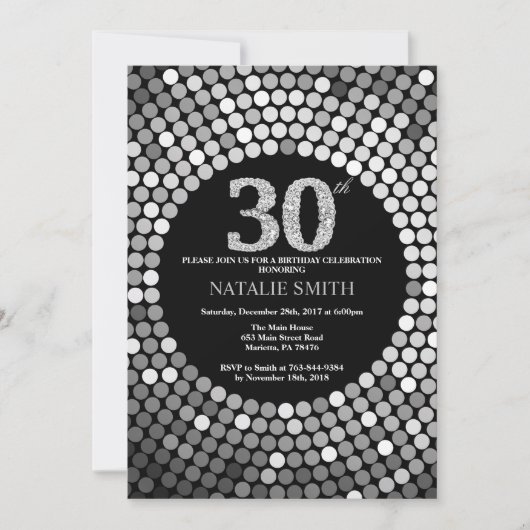 30th Birthday Invitation Black en Silver Glitter Kaart (Voorkant)