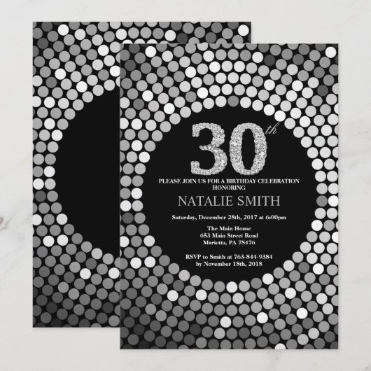 30th Birthday Invitation Black en Silver Glitter Kaart (Voorkant / Achterkant)