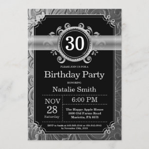30th Birthday Invitation Black en Silver Glitter Kaart