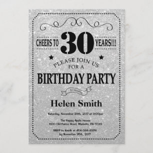 30th Birthday Invitation Black en Silver Glitter Kaart