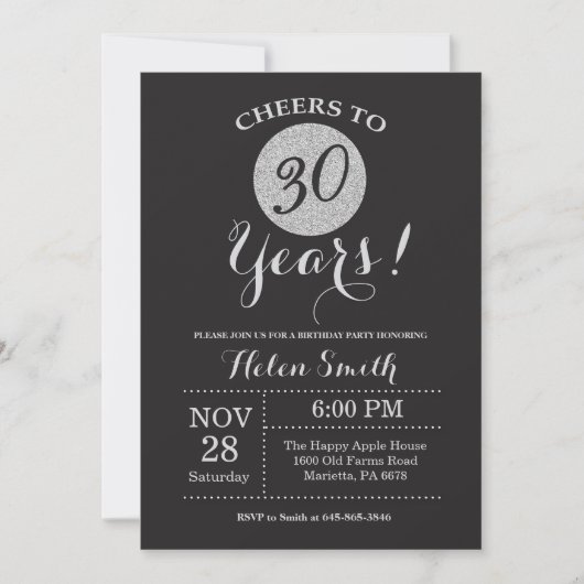 30th Birthday Invitation Black en Silver Glitter Kaart (Voorkant)