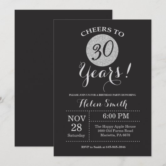 30th Birthday Invitation Black en Silver Glitter Kaart (Voorkant / Achterkant)