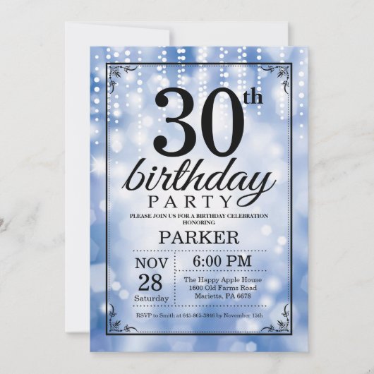 30th Birthday Invitation Blue Glitter Kaart (Voorkant)
