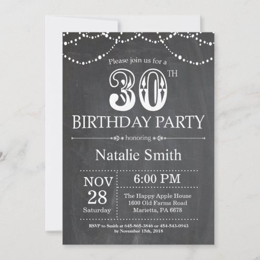 30th Birthday Invitation Chalkboard String Lights Kaart (Voorkant)