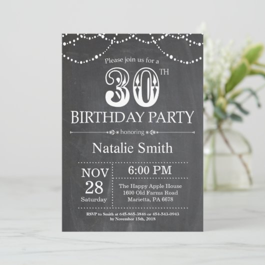 30th Birthday Invitation Chalkboard String Lights Kaart (Staand voorkant)