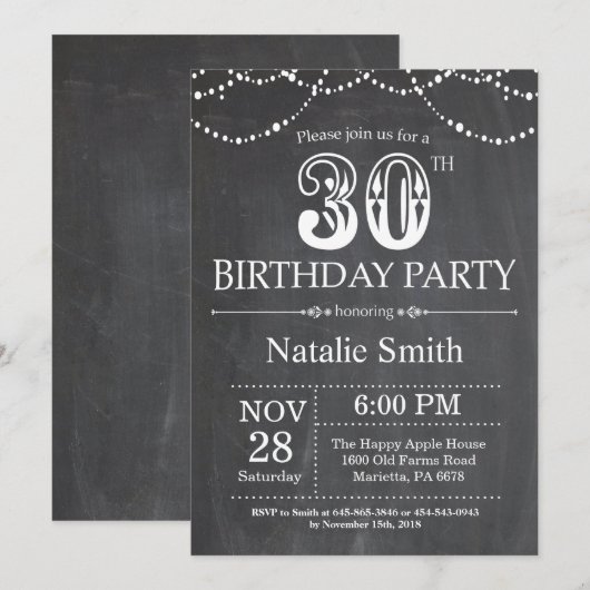 30th Birthday Invitation Chalkboard String Lights Kaart (Voorkant / Achterkant)
