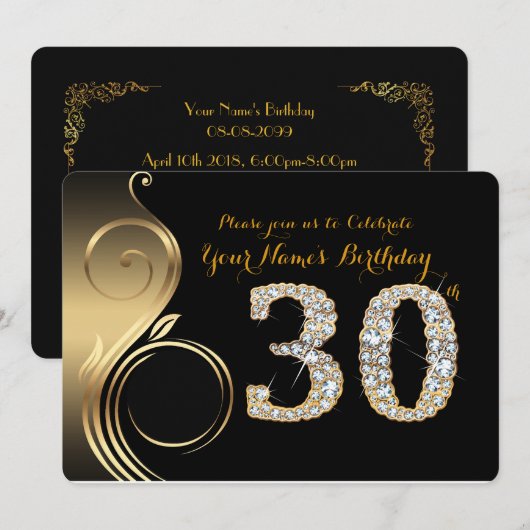 30th, Birthday Invitation, Number Diamond,Foto Kaart (Voorkant / Achterkant)