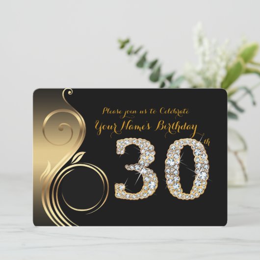 30th, Birthday Invitation, Number Diamond,Foto Kaart (Staand voorkant)