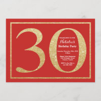 30th Birthday Invitation Red en Gold Glitter