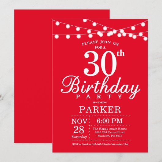 30th Birthday Invitation Red Kaart (Voorkant / Achterkant)