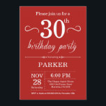 30th Birthday Invitation Red Kaart<br><div class="desc">30e verjaardag uitnodiging met rode achtergrond. Volwassen verjaardag. Mannen of vrouwen uitgenodigd. 13e 15e 16e 18e 21e 30e 40e 50e 60e 70e 90e 100e,  elke leeftijd. Voor verdere aanpassing,  te klikken gelieve de knoop "van de Aanpassing het"en ons ontwerphulpmiddel te gebruiken om deze sjabloon te wijzigen.</div>