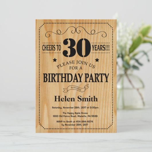 30th Birthday Invitation Rustic Wood Kaart (Staand voorkant)